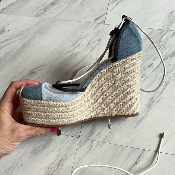 Gianni Bini Santoro two denim ankle wrap espadrille platform jean blue mesh 6 - Picture 4 of 8